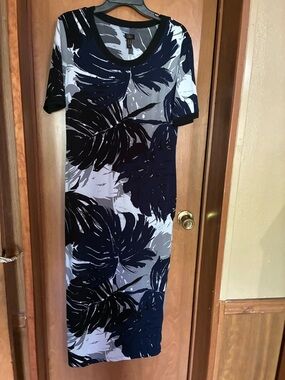 G.I.L.I. Navy and Gray Palm-Print Midi Dress SP Vacation Resort Wear
